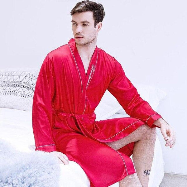Long Sleeve Men Satin Robe 2019 NEW Embroidery Kimono Bathrobe Gown Sleep Dress Casual Home Clothing Rayon Sleepwear Nightgowns