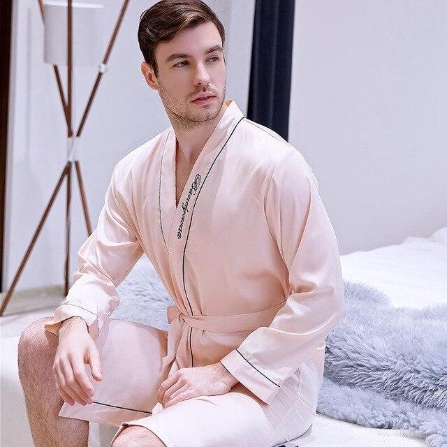Long Sleeve Men Satin Robe 2019 NEW Embroidery Kimono Bathrobe Gown Sleep Dress Casual Home Clothing Rayon Sleepwear Nightgowns