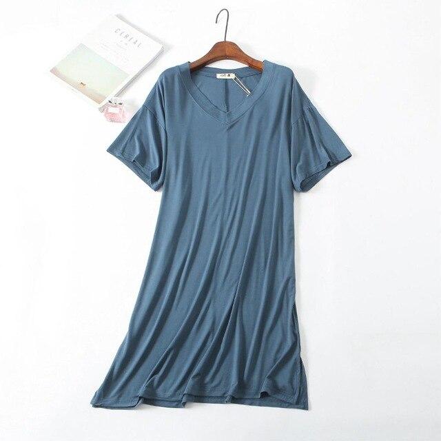 2019 New Yfashion Women Home Wear Short Sleeve V-Collar Casual Loose Solid Color Sleeping Dress