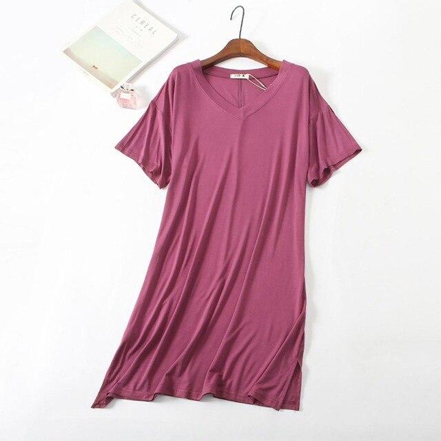 2019 New Yfashion Women Home Wear Short Sleeve V-Collar Casual Loose Solid Color Sleeping Dress