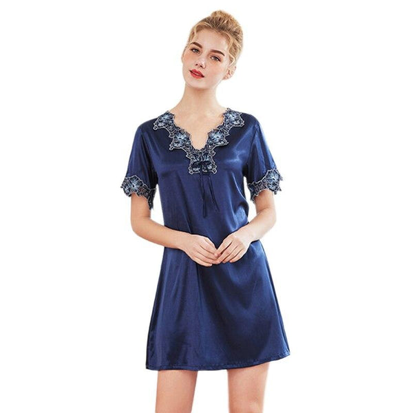 Women Night Dress Nightwear Summer Short Sleeve Sleep Shirt V-Neck Lace Night Dress Gown Fashion Elegant Short Kimono Nightgow