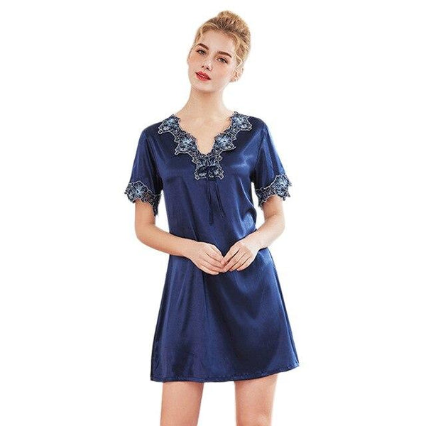 New Women Night Dress Nightwear Summer Short Sleeve Sleep Shirt V-Neck Lace Night Dress Gown Fashion Elegant Short Kimono Nigh