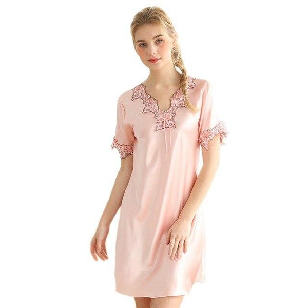New Women Night Dress Nightwear Summer Short Sleeve Sleep Shirt V-Neck Lace Night Dress Gown Fashion Elegant Short Kimono Nigh