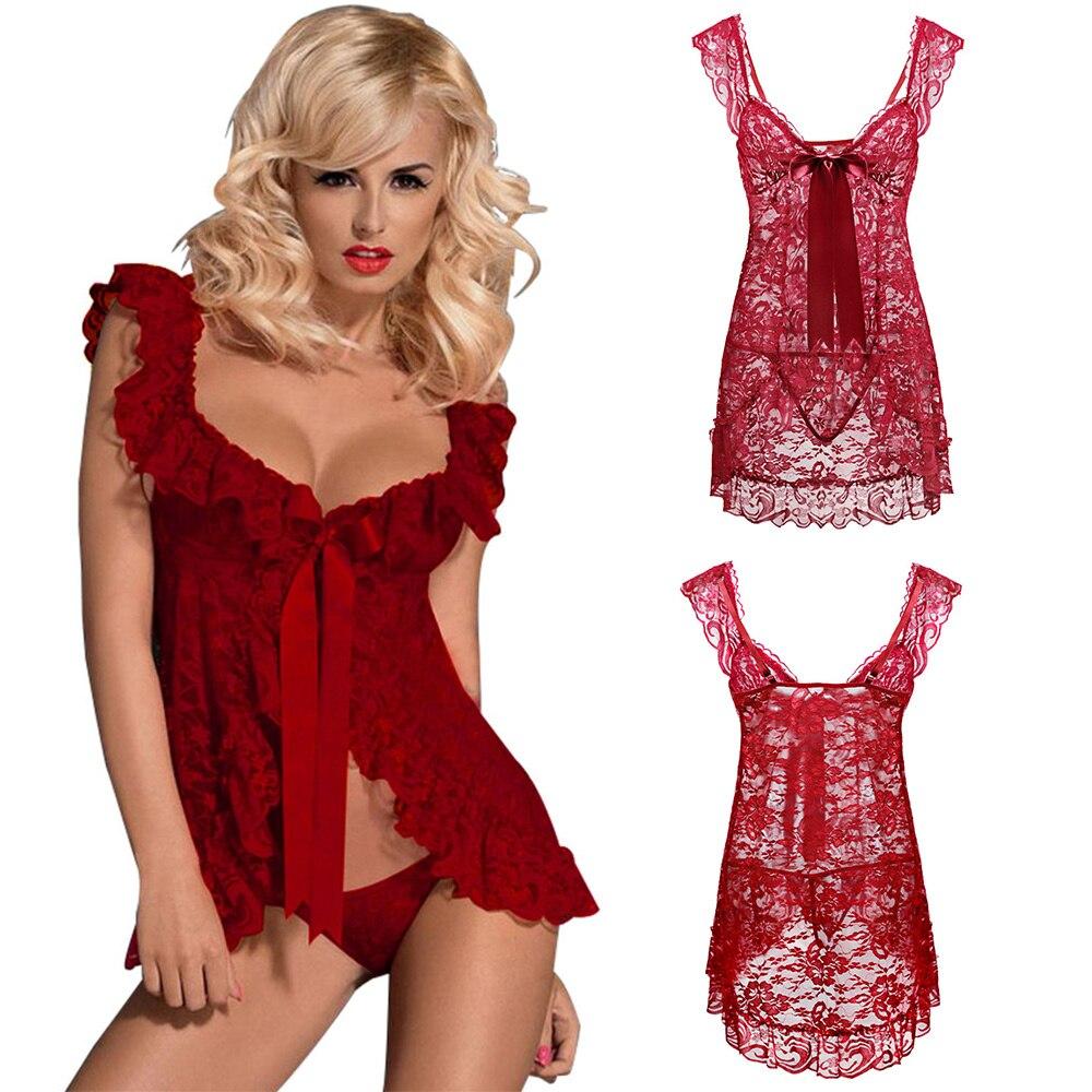 Hot Sexy Lace Lingerie Dress Women Homewear Night Gowns + G-string Sexy Panties Nightwear Sleepwear Sets S-5XL