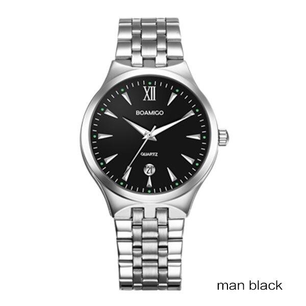 BOAMIGO Lover Couple Wristwatches Fashion Casual Men's Quartz Watch Full Steel Date Women Watches 30m Waterproof Business Dress