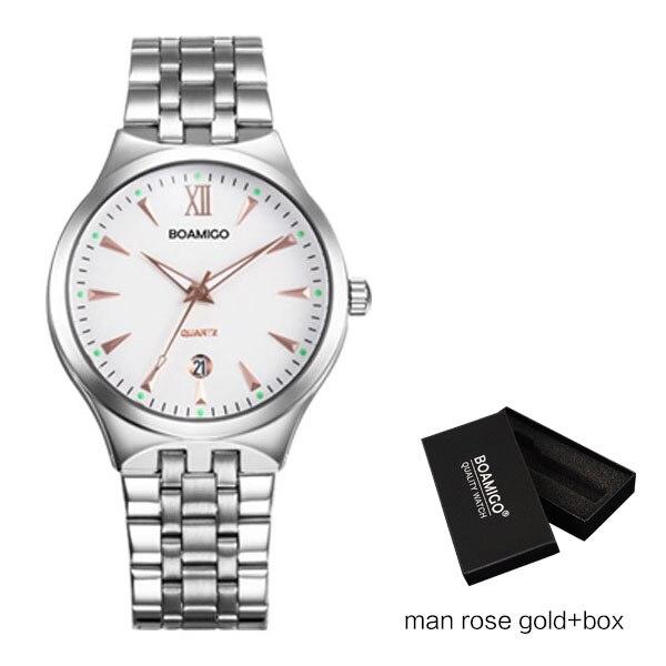 BOAMIGO Lover Couple Wristwatches Fashion Casual Men's Quartz Watch Full Steel Date Women Watches 30m Waterproof Business Dress