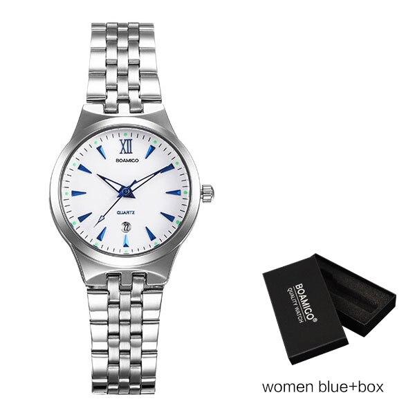 BOAMIGO Lover Couple Wristwatches Fashion Casual Men's Quartz Watch Full Steel Date Women Watches 30m Waterproof Business Dress