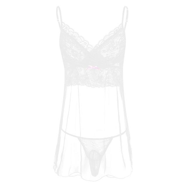 FREEBILY Mens Lingerie Mesh Mini Dress with G-string Nightwear Sleepwear Set Male Sexy Stretchy Nightdress Transparent Sleepwear