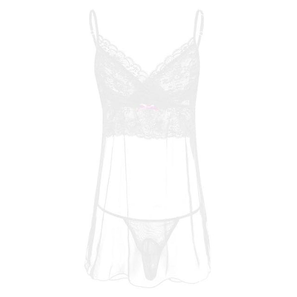 FREEBILY Mens Lingerie Mesh Mini Dress with G-string Nightwear Sleepwear Set Male Sexy Stretchy Nightdress Transparent Sleepwear