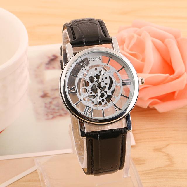 New Watch Men Business Fashion Skeleton Engraving Hollow Reloj Hombre Dress Wristwatch Leather Band Women Clock Relojes Mujer