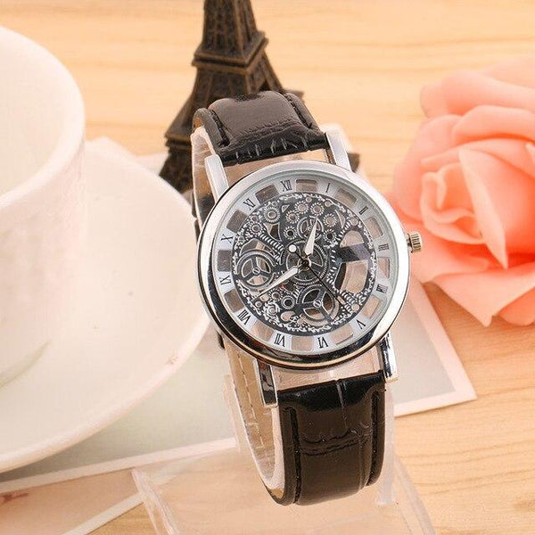 New Watch Men Business Fashion Skeleton Engraving Hollow Reloj Hombre Dress Wristwatch Leather Band Women Clock Relojes Mujer