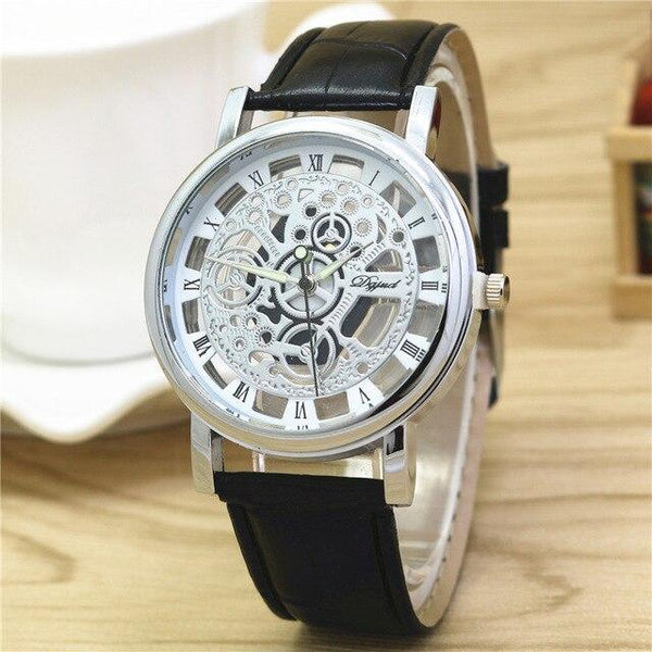 New Watch Men Business Fashion Skeleton Engraving Hollow Reloj Hombre Dress Wristwatch Leather Band Women Clock Relojes Mujer