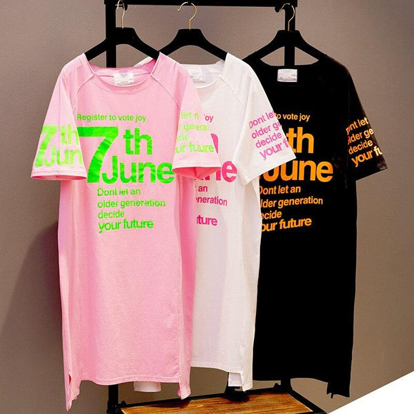 Graffiti Letter Print Short Sleeve Cotton Long Tee Women Casual Fashion Streetwear Loose T Shirt Top T-Shirt Dress/Sleep/Gown