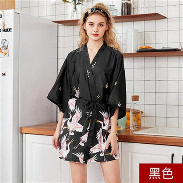 Women Loose Pajamas Haori Satin Crane Kimono Dress Print V-neck Sleep Wear Dress Night Traditional  Japanese Style Yukata Robe