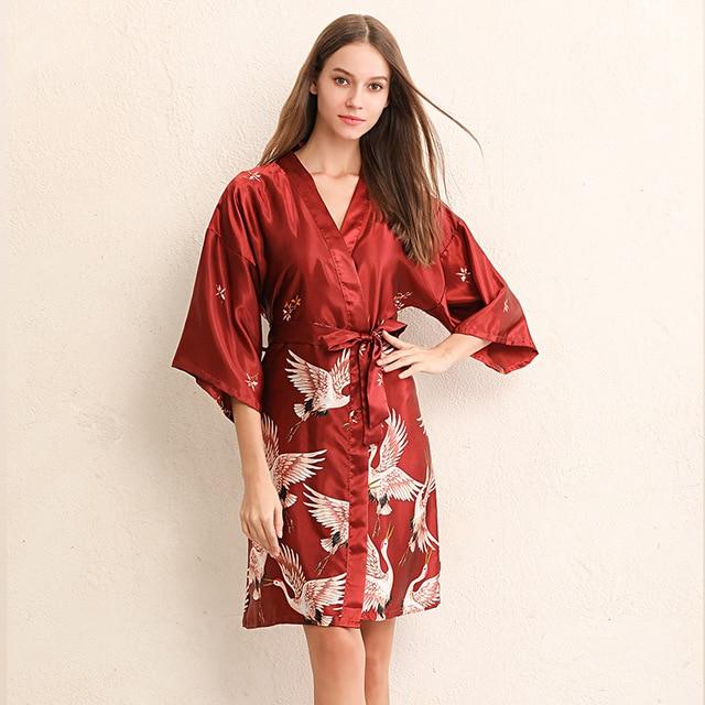 Women Loose Pajamas Haori Satin Crane Kimono Dress Print V-neck Sleep Wear Dress Night Traditional  Japanese Style Yukata Robe