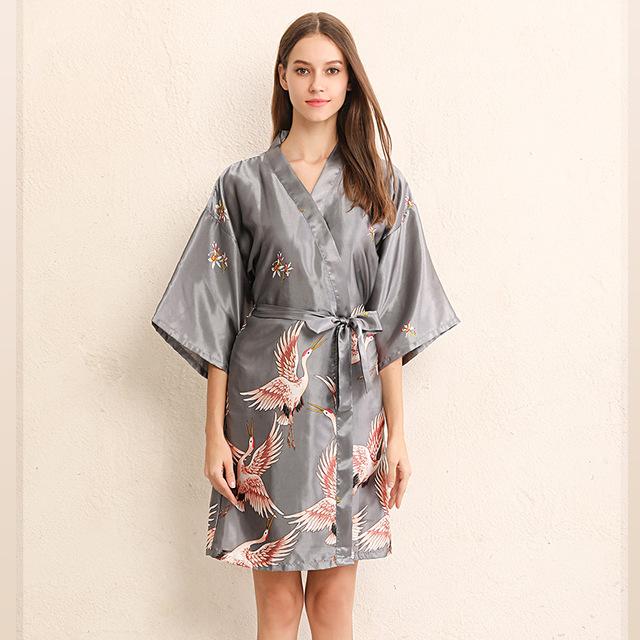 Women Loose Pajamas Haori Satin Crane Kimono Dress Print V-neck Sleep Wear Dress Night Traditional  Japanese Style Yukata Robe