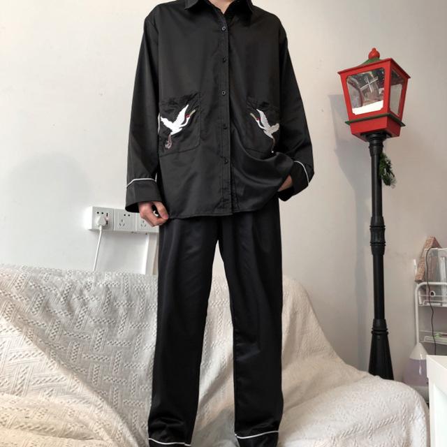 Embroidery Crane Vintage Pocket Spaghetti Strap Sexy V-Neck Black Loose Gothic Mini Dress Women Party Sleep/Gown/Nightwear/Shirt