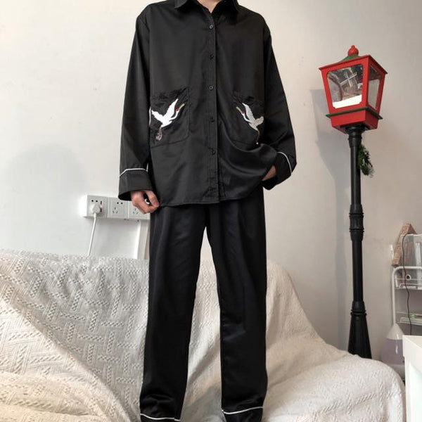 Embroidery Crane Vintage Pocket Spaghetti Strap Sexy V-Neck Black Loose Gothic Mini Dress Women Party Sleep/Gown/Nightwear/Shirt