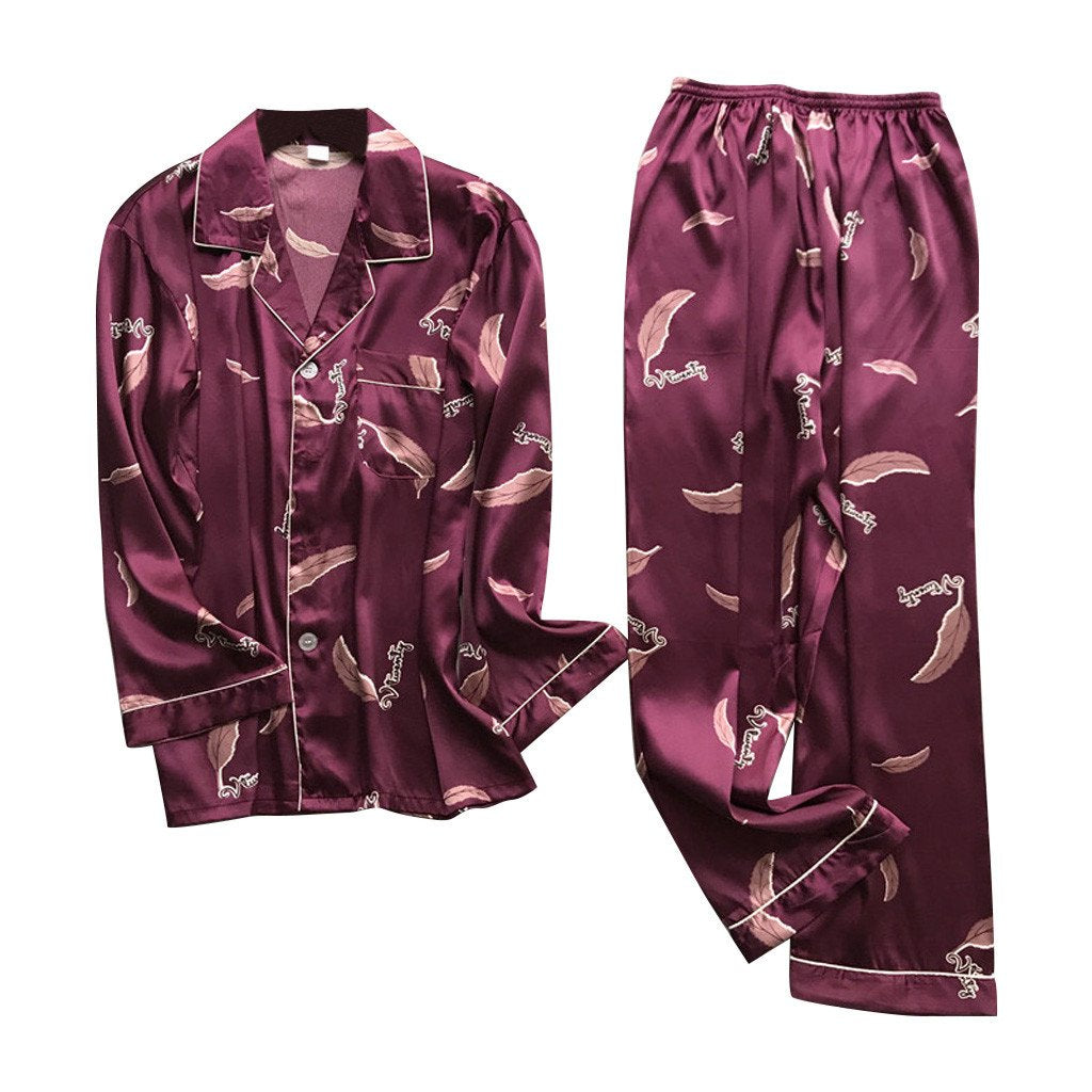 Men Simulation Silk Pajamas Lingerie Print Long Sleeve Long Sleep Pants Set sleep wear  dress home  home clothes pajamas