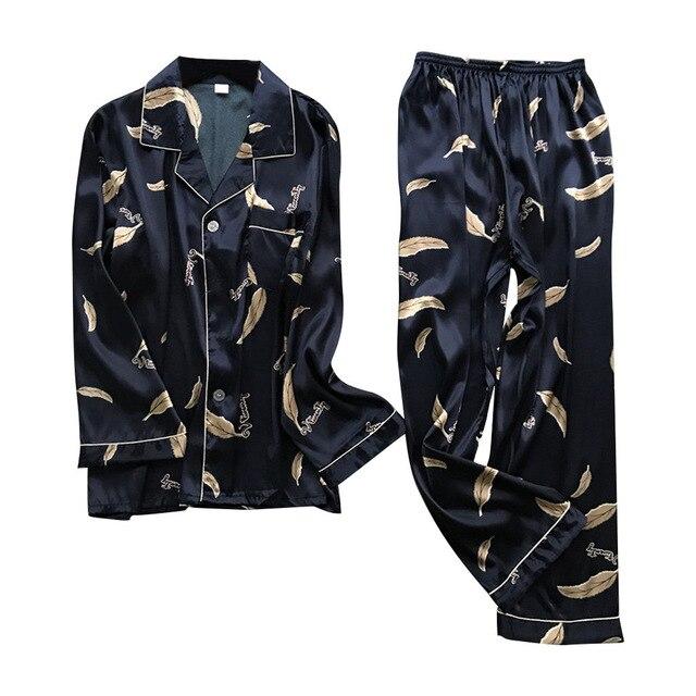 Men Simulation Silk Pajamas Lingerie Print Long Sleeve Long Sleep Pants Set sleep wear  dress home  home clothes pajamas