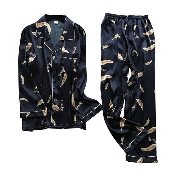 Men Simulation Silk Pajamas Lingerie Print Long Sleeve Long Sleep Pants Set sleep wear  dress home  home clothes pajamas