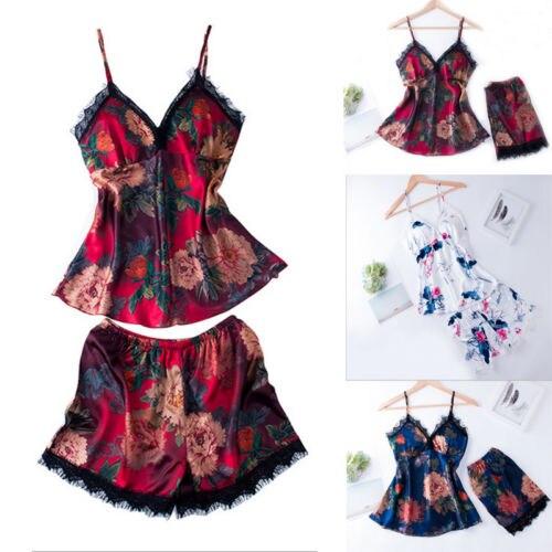 HIRIGIN Satin Lingerie Robe Sets Nightie Nightwear Night Dress Silk Lace 2pcs Sleep Suit