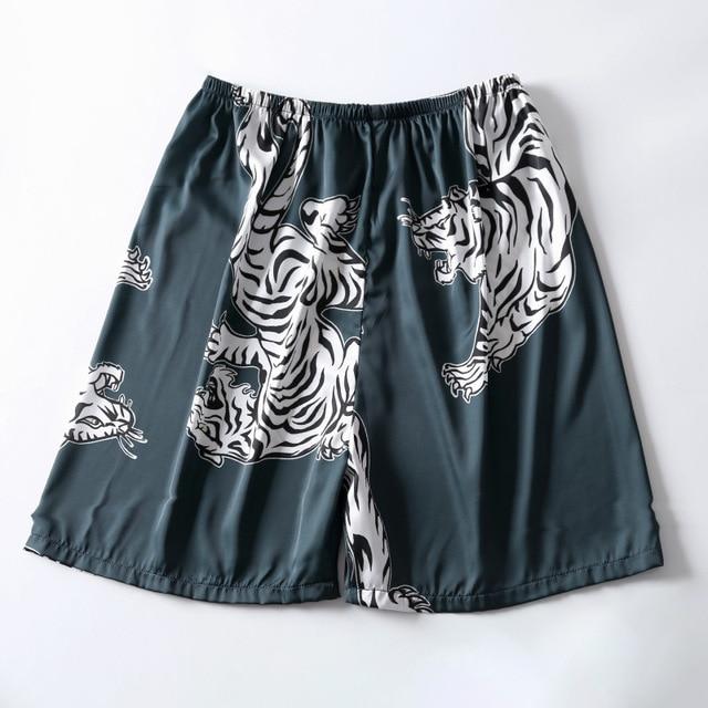 Two-Pieces Silk Nightgown Satin male Sleepwear Loose Tiger Dress Silky Long Sleeve Robe and Long Pants bathrobe set for Men