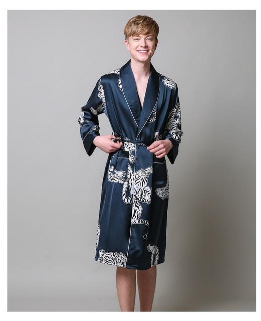 Two-Pieces Silk Nightgown Satin male Sleepwear Loose Tiger Dress Silky Long Sleeve Robe and Long Pants bathrobe set for Men