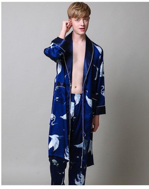Two-Pieces Silk Nightgown Satin male Sleepwear Loose Tiger Dress Silky Long Sleeve Robe and Long Pants bathrobe set for Men