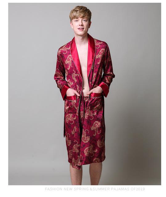 Two-Pieces Silk Nightgown Satin male Sleepwear Loose Tiger Dress Silky Long Sleeve Robe and Long Pants bathrobe set for Men