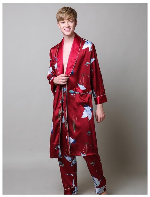 Two-Pieces Silk Nightgown Satin male Sleepwear Loose Tiger Dress Silky Long Sleeve Robe and Long Pants bathrobe set for Men
