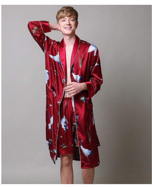 Two-Pieces Silk Nightgown Satin male Sleepwear Loose Tiger Dress Silky Long Sleeve Robe and Long Pants bathrobe set for Men