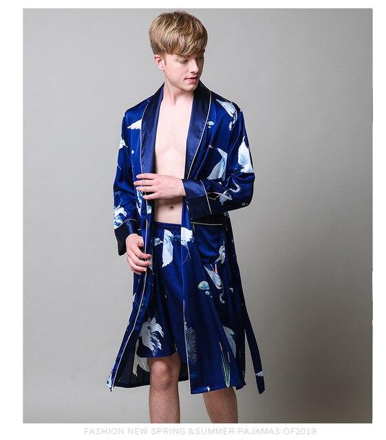 Two-Pieces Silk Nightgown Satin male Sleepwear Loose Tiger Dress Silky Long Sleeve Robe and Long Pants bathrobe set for Men
