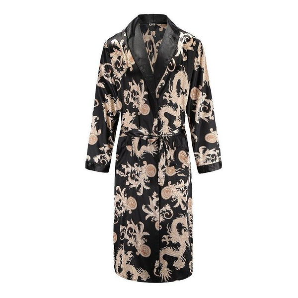 High Quality Silk Nightgown Sleepwear Loose Large-Size Dragon Dress Silky Long Sleeve mid-length bathrobe Home Suit for Men