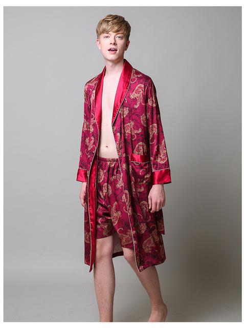 Two-Pieces Silk Nightgown Satin male Sleepwear Loose Tiger Dress Silky Long Sleeve Robe and Long Pants bathrobe set for Men