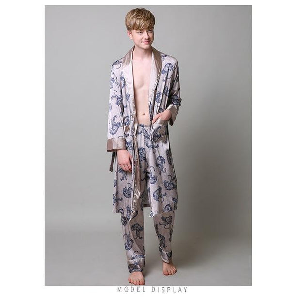 Two-Pieces Silk Nightgown Satin male Sleepwear Loose Tiger Dress Silky Long Sleeve Robe and Long Pants bathrobe set for Men