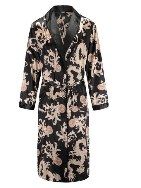 High Quality Silk Nightgown Sleepwear Loose Large-Size Dragon Dress Silky Long Sleeve mid-length bathrobe Home Suit for Men