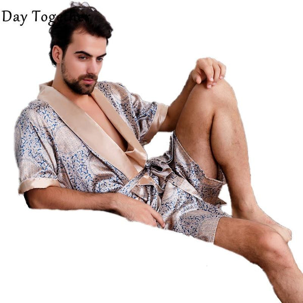 Silk Nightgown Robe For Men Summer Short-Sleeve Kimono Pajamas Bath robe Mens Print Plus Size 5XL Satin Home Clothes Man