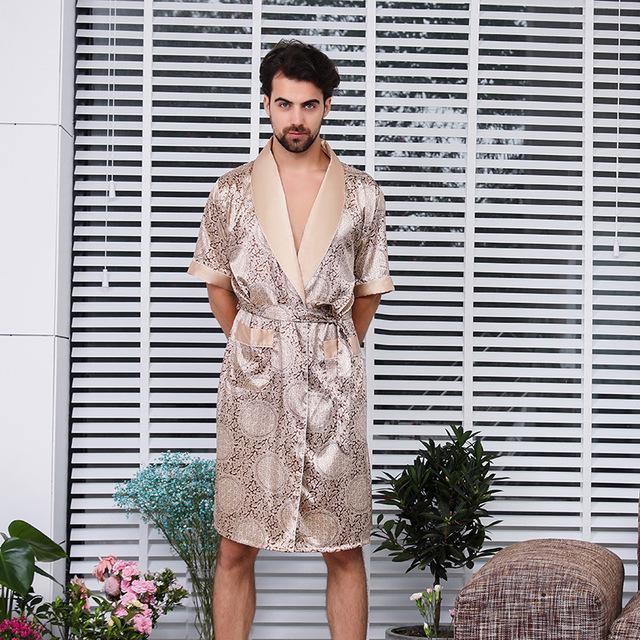 Silk Nightgown Robe For Men Summer Short-Sleeve Kimono Pajamas Bath robe Mens Print Plus Size 5XL Satin Home Clothes Man