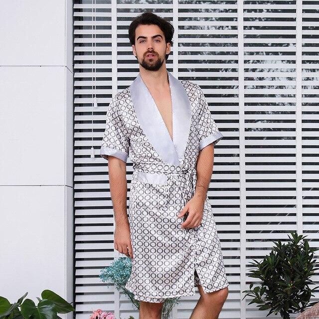 Silk Nightgown Robe For Men Summer Short-Sleeve Kimono Pajamas Bath robe Mens Print Plus Size 5XL Satin Home Clothes Man