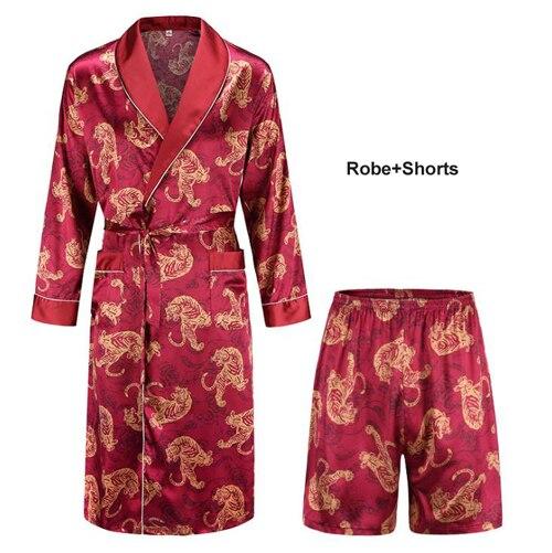 High Quality Silk Nightgown Sleepwear Loose Large-Size Dragon Dress Silky Long Sleeve mid-length bathrobe Home Suit for Men
