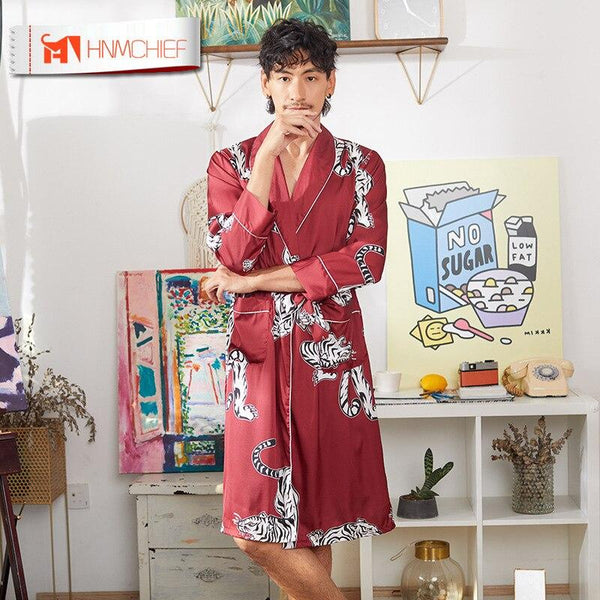 HNNMCHIEF Silk Nightgown Satin Male Sleepwear Loose Animal Silky Long Sleeve Robe Bathrobe Set for Men Thin Ice Silk Lace