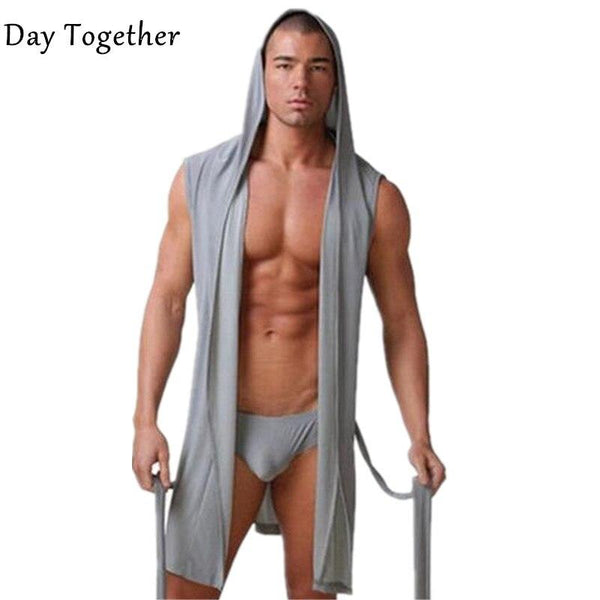 Men's Hooded Bathrobe Underwear Silk Soft Nightgown Plus Size Pajamas Men Sexy Sleeveless Kimono Robes Homer Wear 4XL