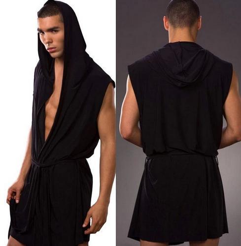 Men's Hooded Bathrobe Underwear Silk Soft Nightgown Plus Size Pajamas Men Sexy Sleeveless Kimono Robes Homer Wear 4XL
