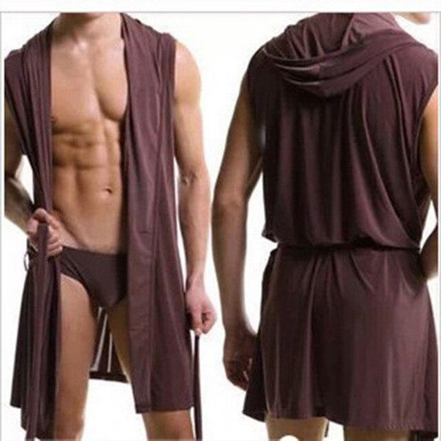 Men's Hooded Bathrobe Underwear Silk Soft Nightgown Plus Size Pajamas Men Sexy Sleeveless Kimono Robes Homer Wear 4XL