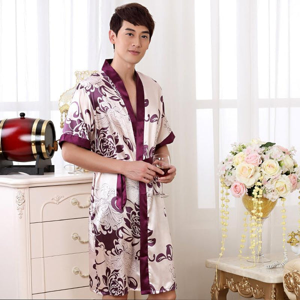 Summer Nightgown Sleepshirts Mens Robe Kimono Bath Gown Faux Silk Sleepwear Casual Silky Nightwear Size M L XL XXL