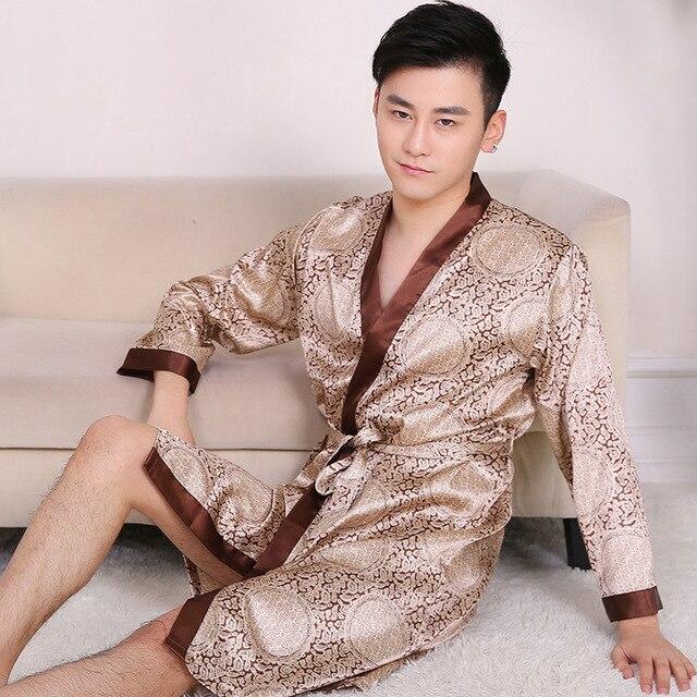 2019 summer men's silk satin bathrobe robe long solid silk pajamas men silk nightgown sleepwear kimono homme dressing