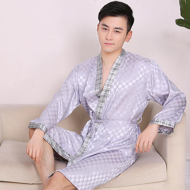 2019 summer men's silk satin bathrobe robe long solid silk pajamas men silk nightgown sleepwear kimono homme dressing