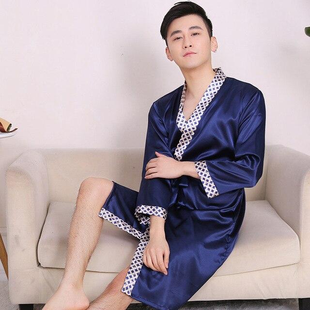 2019 summer men's silk satin bathrobe robe long solid silk pajamas men silk nightgown sleepwear kimono homme dressing
