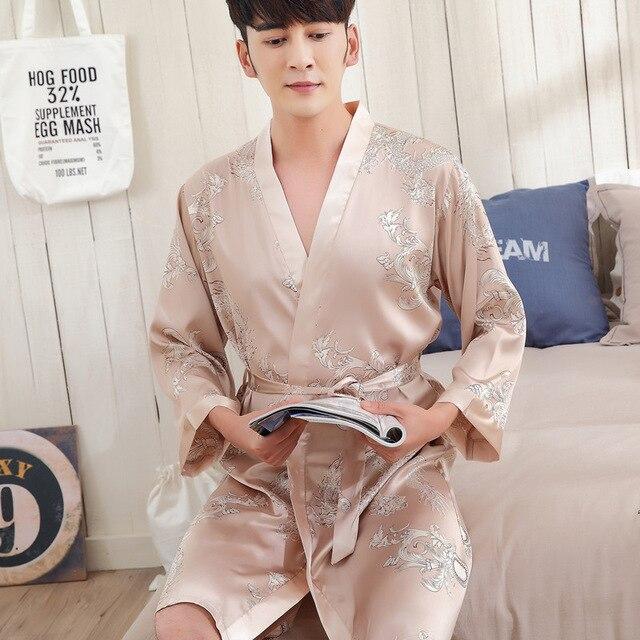 2019 summer men's silk satin bathrobe robe long solid silk pajamas men silk nightgown sleepwear kimono homme dressing